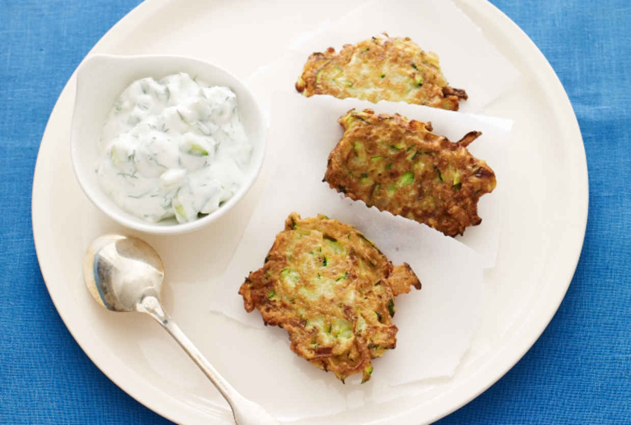 Zucchini Latkes with Tatziki Sauce by Jamie Geller