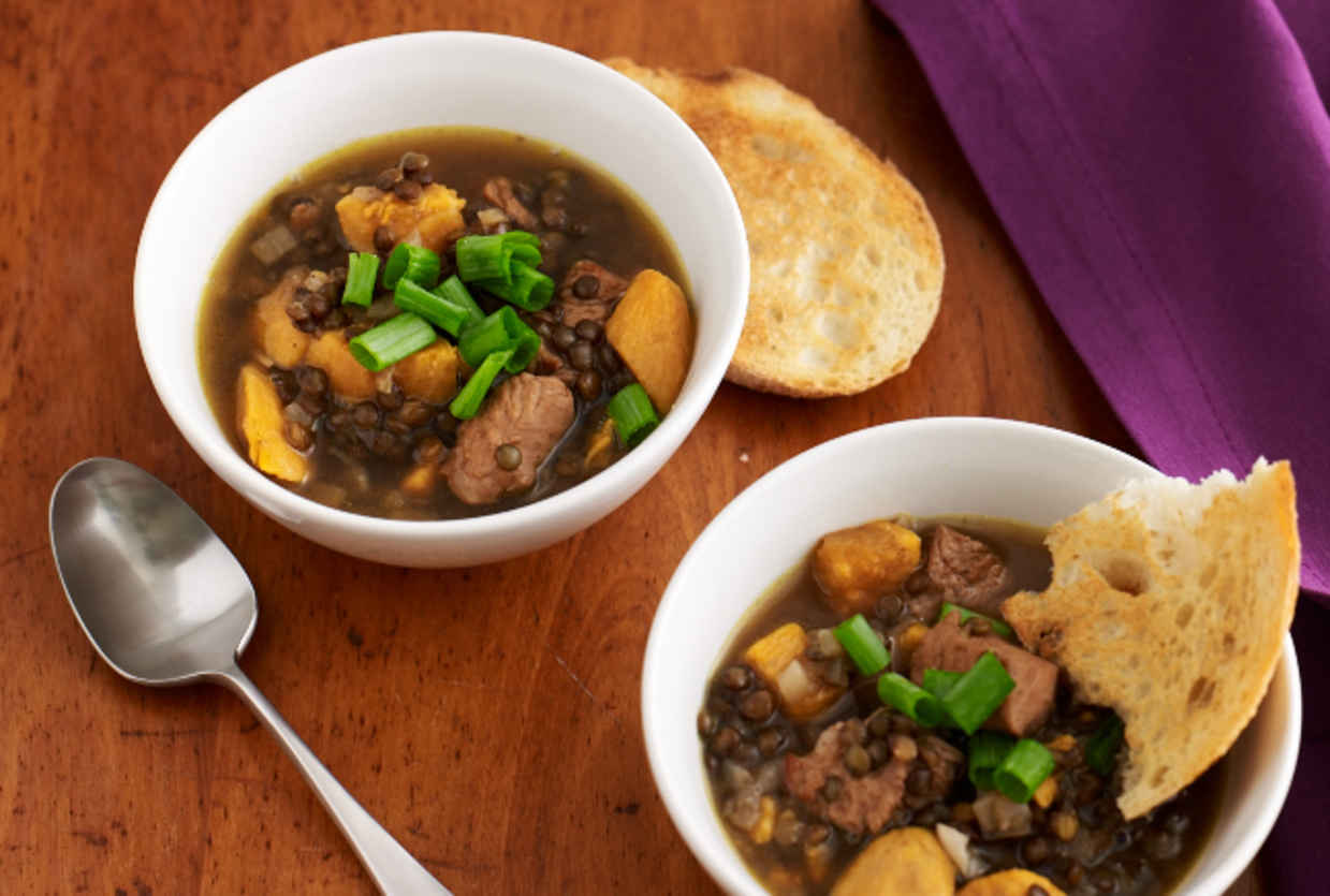 JoyofKosher.com’s Spiced Chicken and Lentil Soup with Garlic Toast by Jamie Geller